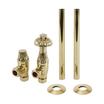 Milano Windsor - Thermostatic Antique Style Angled Radiator Valve and Pipe Set - Polished Brass