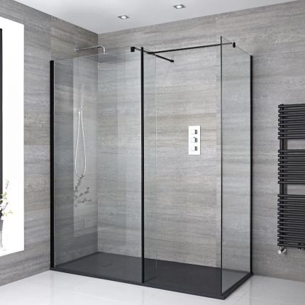 Milano Nero - Corner Walk-In Shower Enclosure with Slate Tray - Choice of Sizes and Hinged Return Panel Option