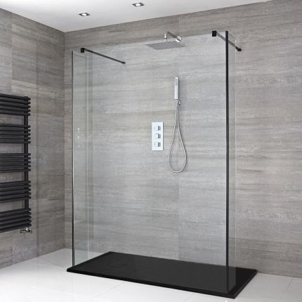 Milano Nero - Open Walk-Through Shower Enclosure with Slate Tray - Choice of Sizes and Hinged Return Panel Option