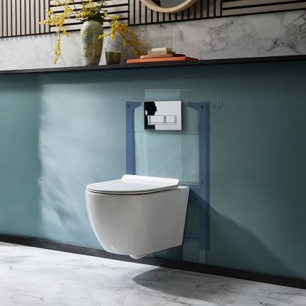 Milano Overton - White Modern Rimless Wall Hung Toilet with Short Wall Frame - Choice of Flush Plate