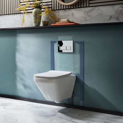 Milano Farington - White Modern Rimless Wall Hung Toilet with Short Wall Frame - Choice of Flush Plate