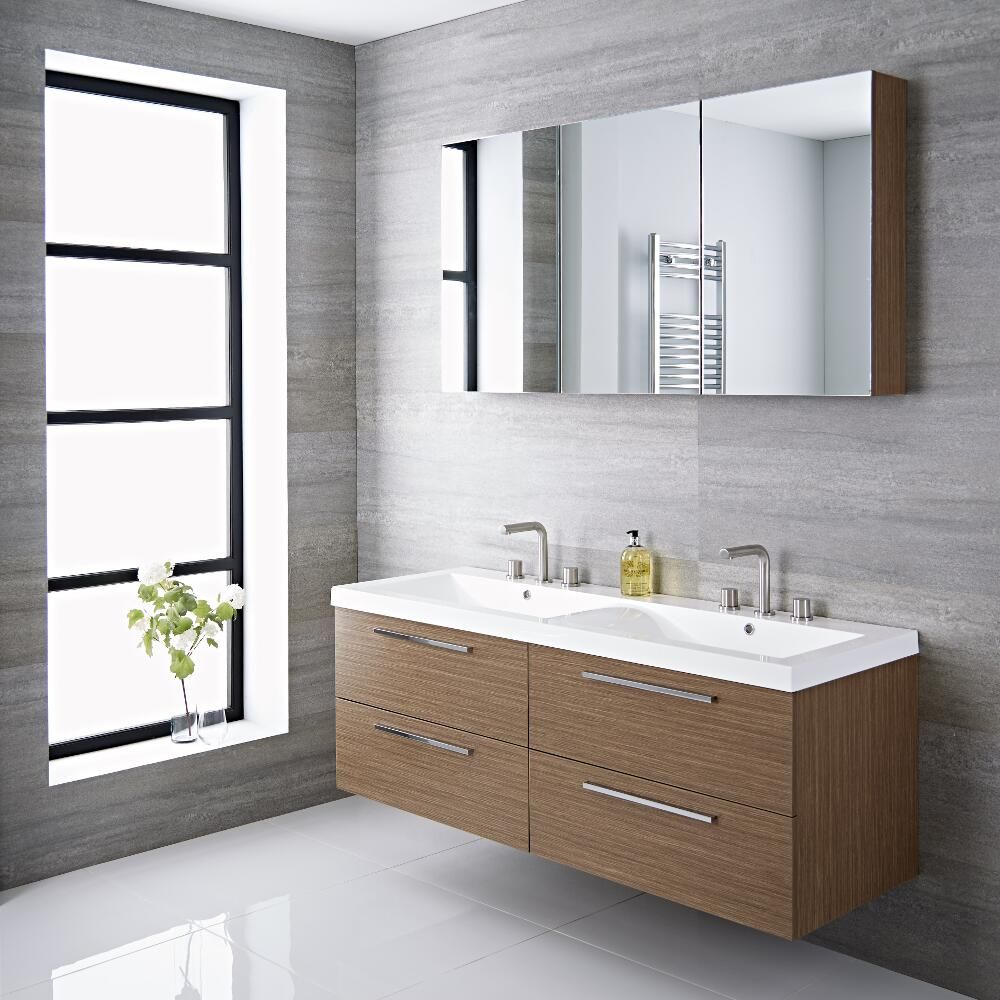 Milano Linley Oak 1440mm Double Wall Hung Vanity Unit With Basins
