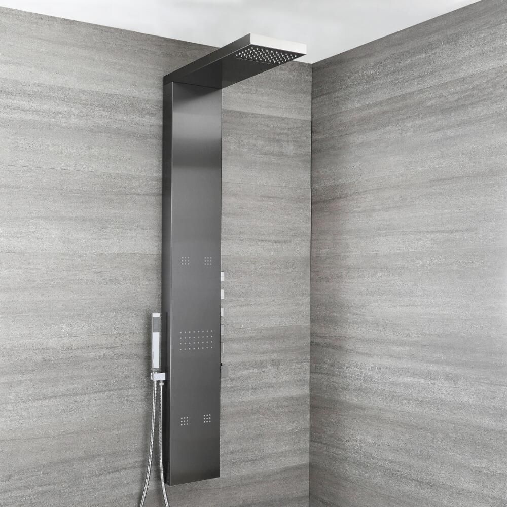 Milano Select - Modern Exposed Thermostatic Shower Tower Panel with Large Shower Head, Hand Shower and Body Jets - Gun Metal Grey