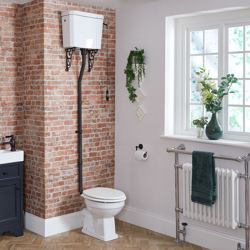Milano Richmond - Traditional Comfort Height High Level Toilet with Cistern and White Seat - Black