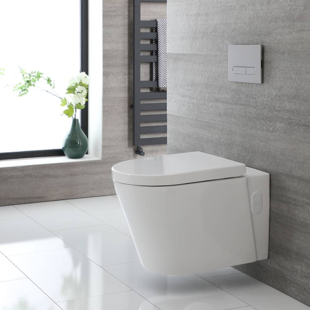 BTW Wall Hung Round Rimless Toilet Pan White Ceramic Soft Close Bathroom WC 