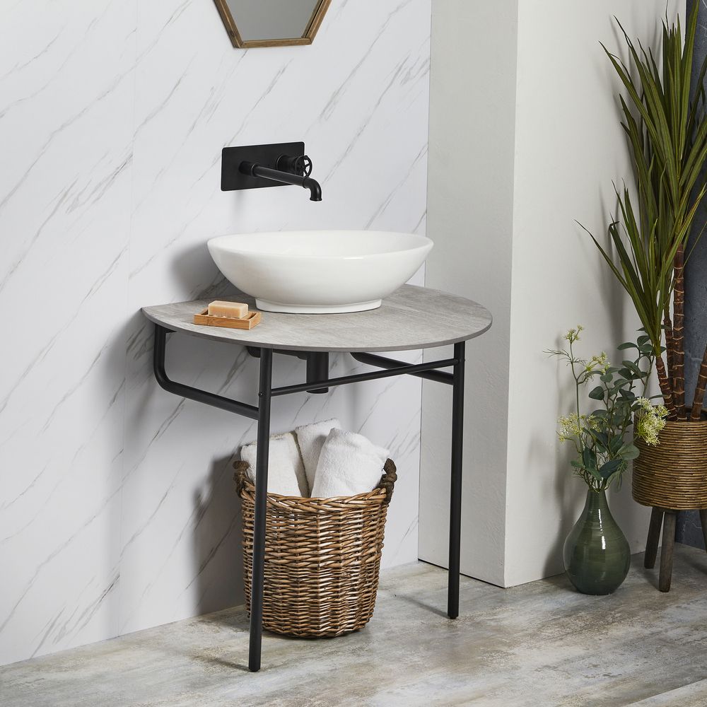 Milano Santo - Black Washstand with Woodstone Grey Countertop and 520mm Oval Basin