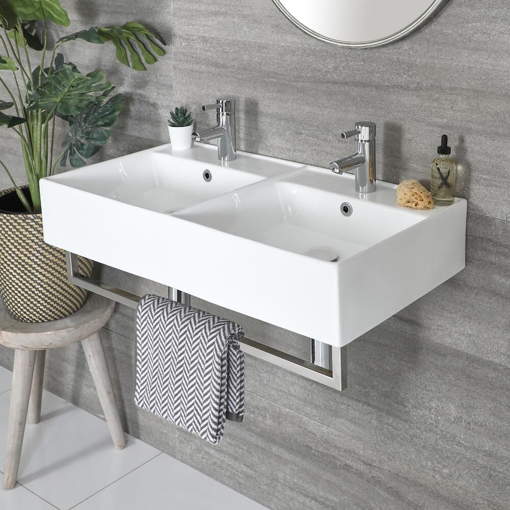 Milano Elswick - White Modern 820mm x 420mm Rectangular Double Wall Hung Basin with Chrome Towel Rail