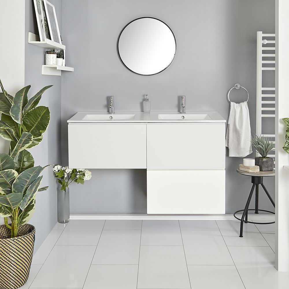 Milano Oxley - White L-Shape 1200mm Wall Hung Vanity Unit with Double Basin