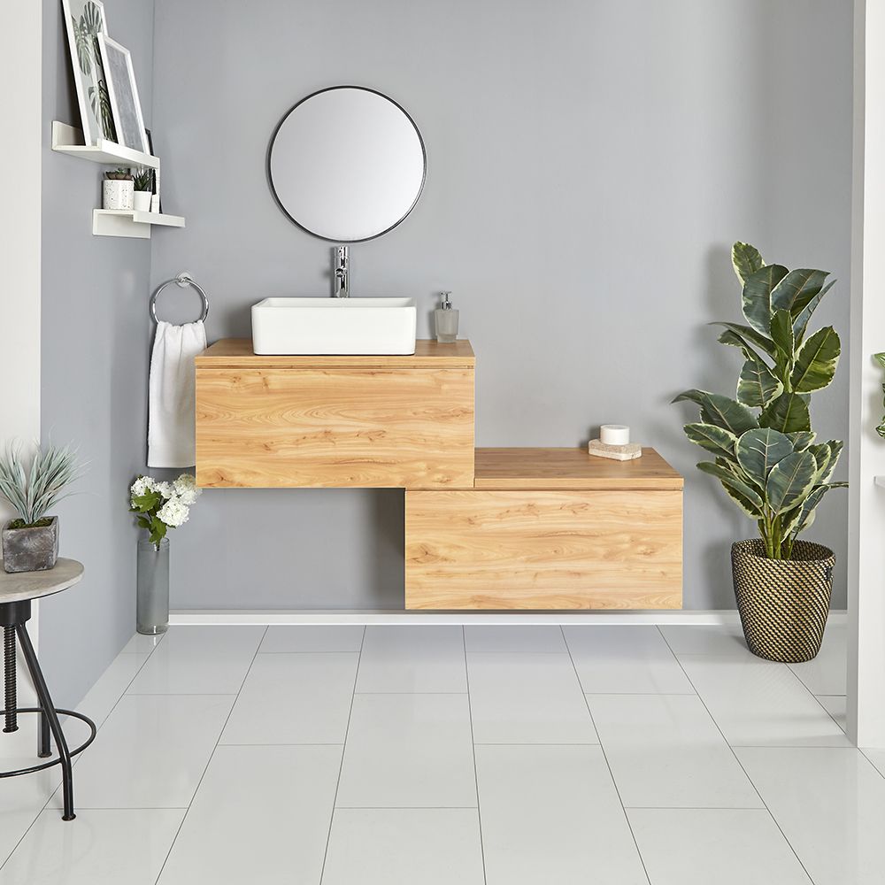 Milano Oxley - Golden Oak 1400mm Wall Hung Stepped Vanity Unit with Countertop Basin