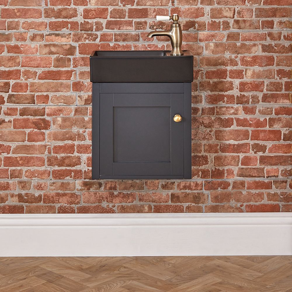 Milano Thornton - Black Grey 400mm Wall Hung Traditional Cloakroom Vanity Unit with Black Basin - Choice of Handles