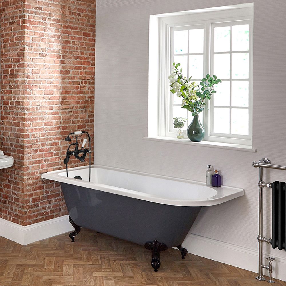 Milano Hest - Stone Grey Traditional Freestanding Corner Bath with Black Feet - 1685mm x 750mm - Left/Right Hand Options