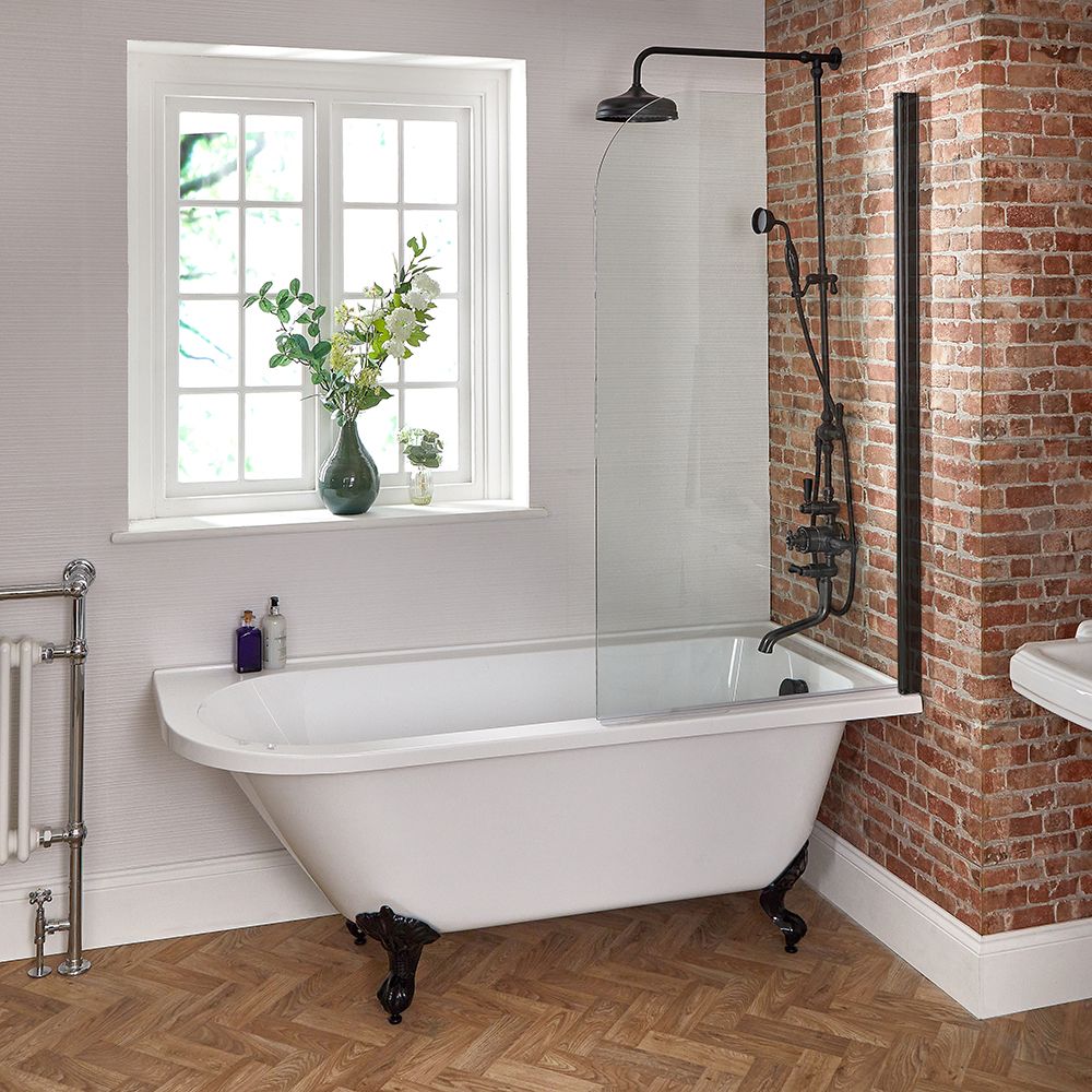 Milano Legend - White Traditional Freestanding Corner Shower Bath with Black Feet and Screen - 1685mm x 750mm - Left/Right Hand Options