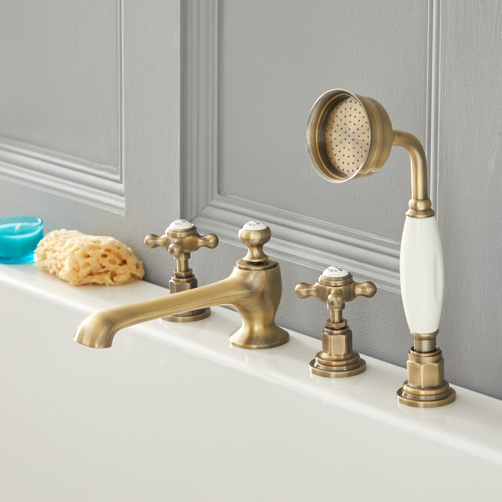 Milano Elizabeth - Traditional Crosshead 4 Tap-Hole Bath Shower Mixer Tap - Brushed Gold
