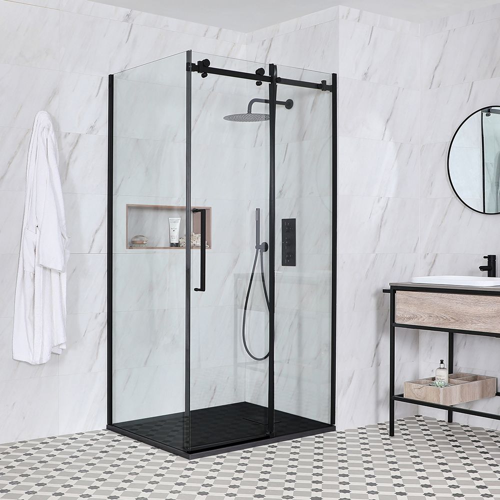 Milano Nero - Black Corner Frameless Sliding Door Shower Enclosure with Slate Tray - Choice of Sizes