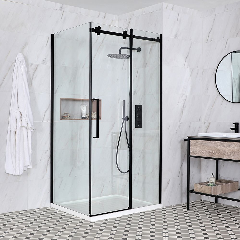 Milano Nero - Black Corner Frameless Sliding Door Shower Enclosure with Tray - Choice of Sizes