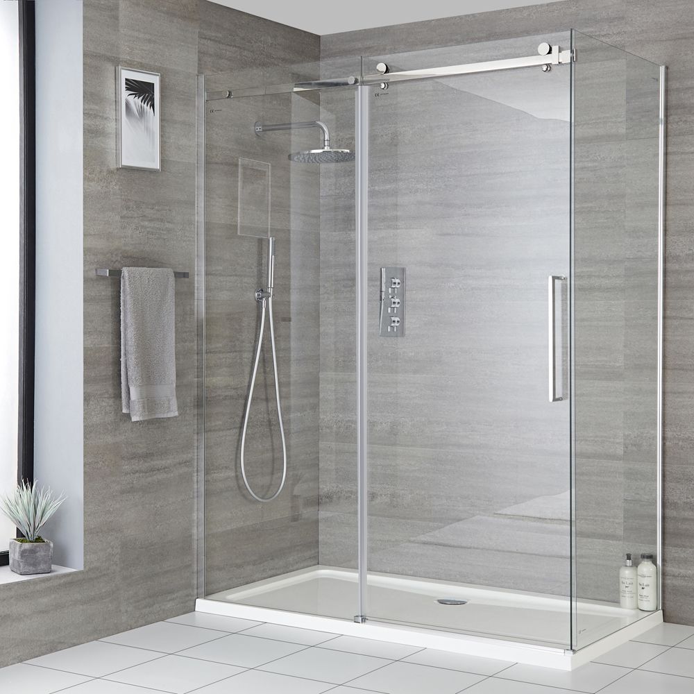 Milano Portland - Chrome Corner Frameless Sliding Door Shower Enclosure with Tray and Side Panel - Choice of Size