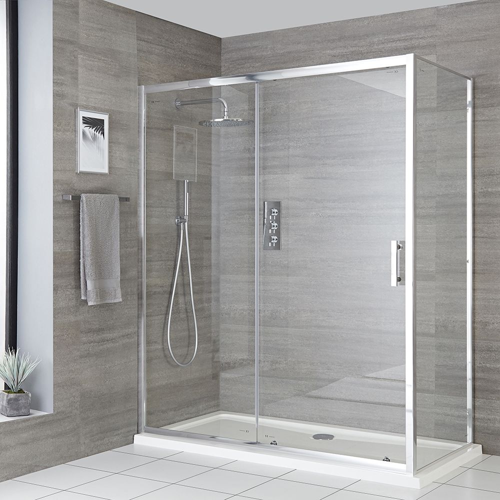 Milano Portland - Chrome Sliding Shower Door - Choice of Size and Side Panel