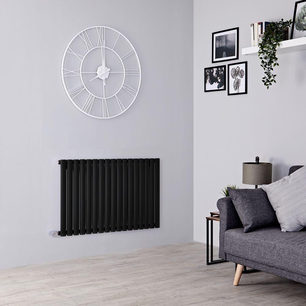 Milano Aruba Electric - Black Horizontal Designer Radiator - 635mm Tall - Choice of Size, Thermostat and Cable Cover - Plug-In and Hardwired Options