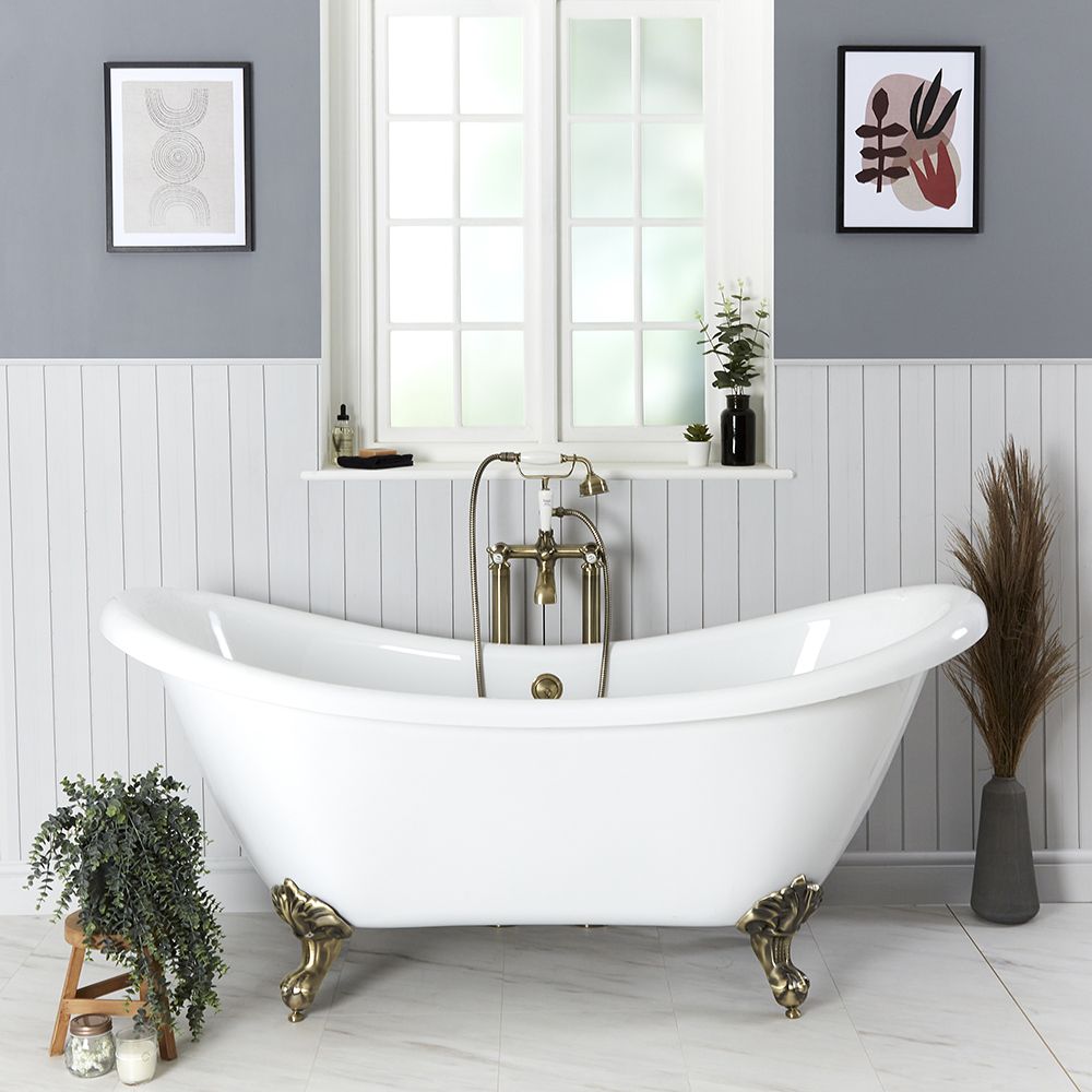 Milano Legend - White Traditional Double-Ended Freestanding Slipper Bath with Brushed Gold Feet - 1750mm x 730mm