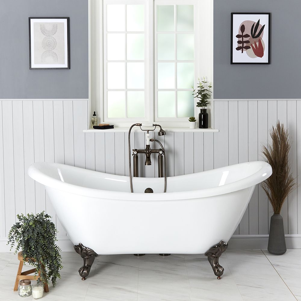 Milano Legend - White Traditional Double-Ended Freestanding Slipper Bath with Oil Rubbed Bronze Feet - 1750mm x 730mm