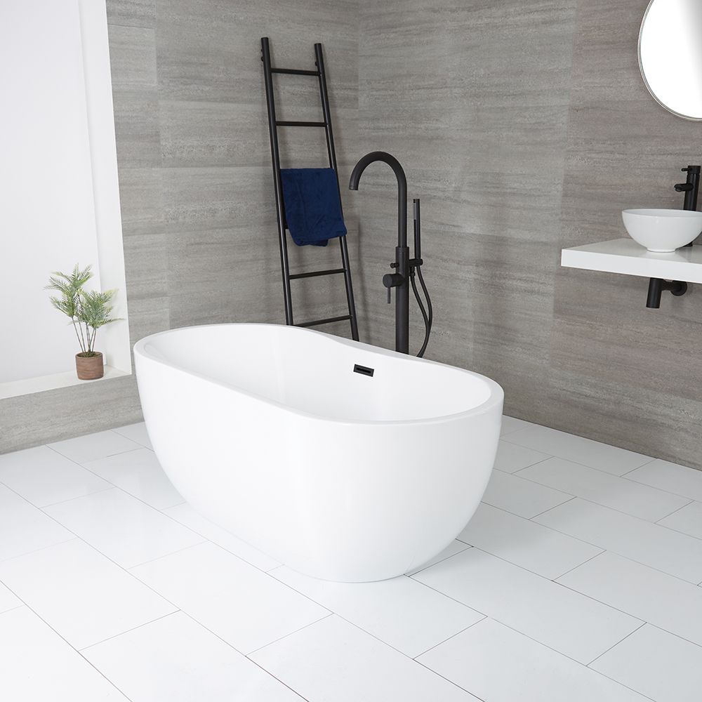 Milano Overton - White Modern Oval Double-Ended Freestanding Bath - 1800mm x 750mm - Choice of Overflow Finish