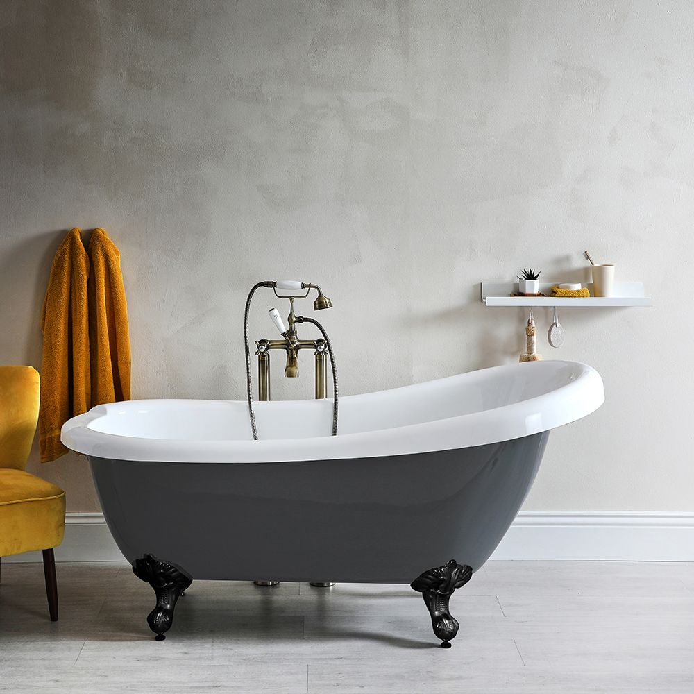 Milano Hest - Stone Grey Traditional Freestanding Slipper Bath with Black Feet - 1710mm x 740mm (No Tap-Holes)