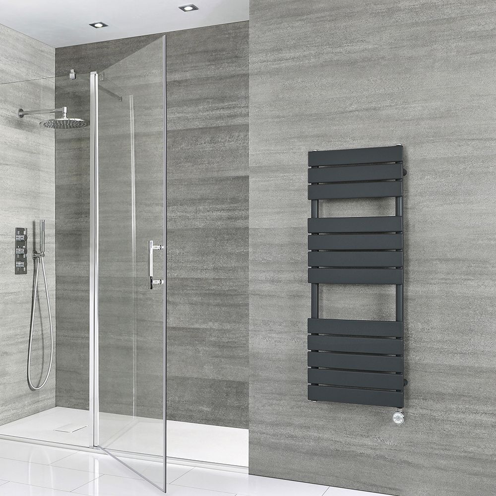 Milano Lustro Electric - Anthracite Flat Panel Designer Heated Towel Rail - 1200mm x 450mm