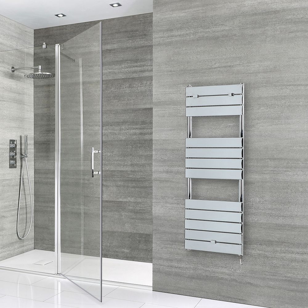 Milano Lustro Electric - Designer Chrome Flat Panel Heated Towel Rail - Choice of Size, Heating Element and Cable Cover