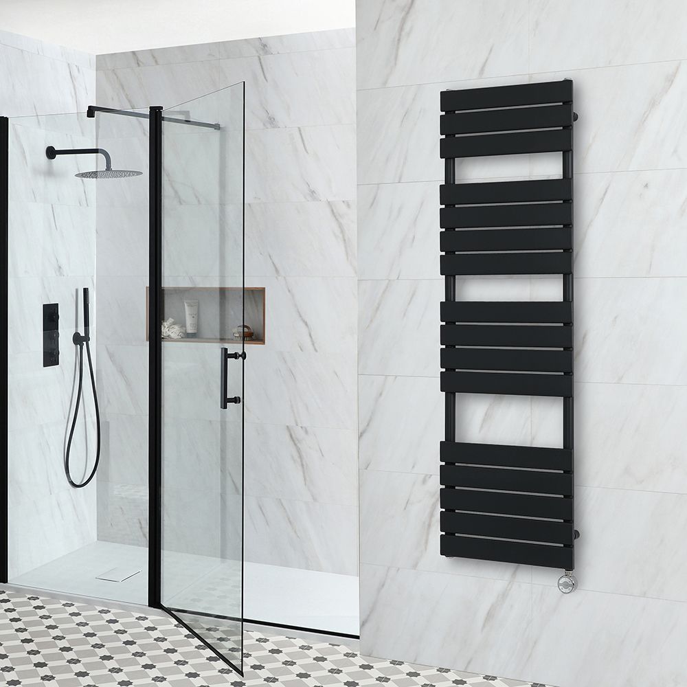 Milano Lustro Electric - Black Flat Panel Designer Heated Towel Rail - 1500mm x 450mm