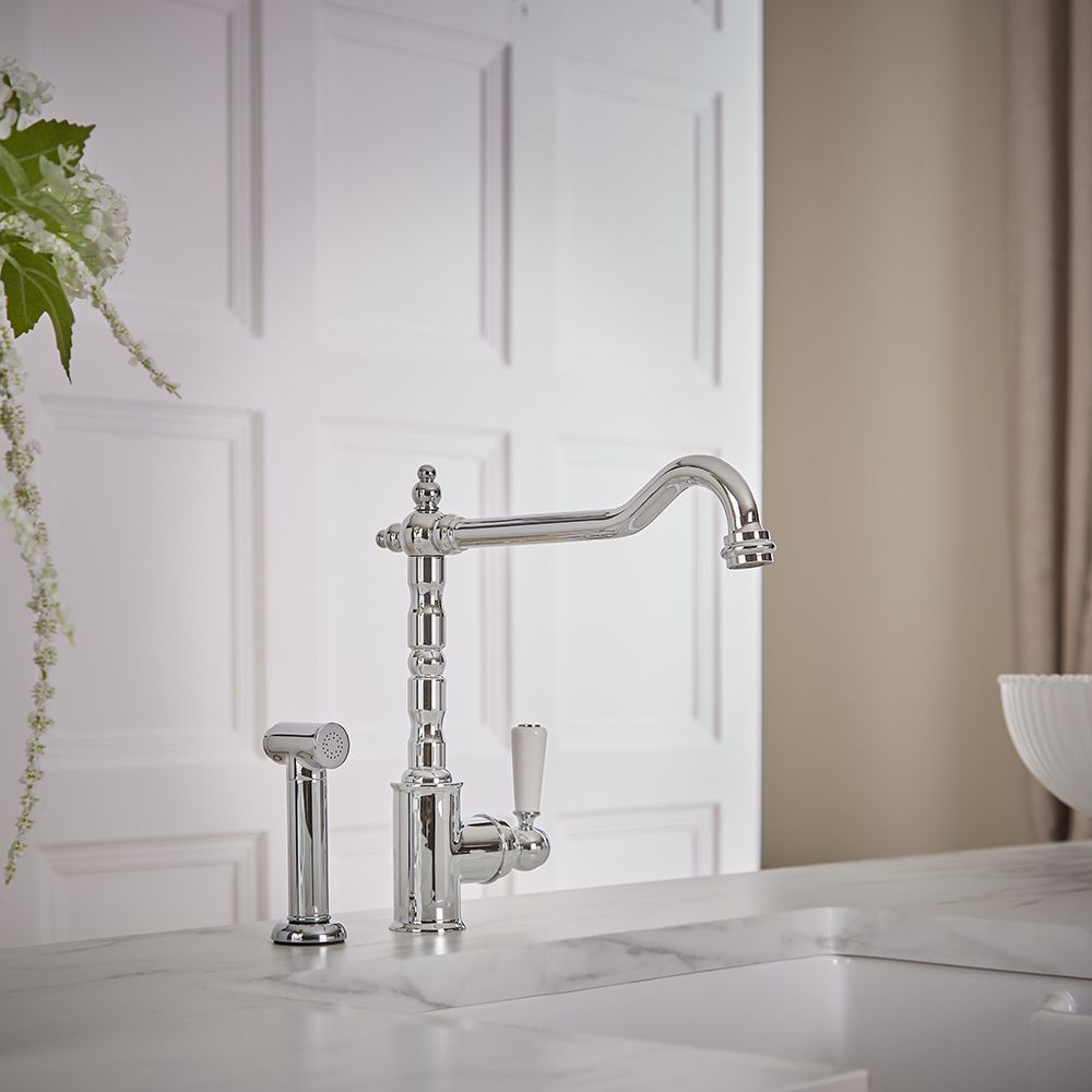 Milano Elizabeth - Single Lever Classic Kitchen Mixer Tap with Pull-Out Spray - Chrome and White