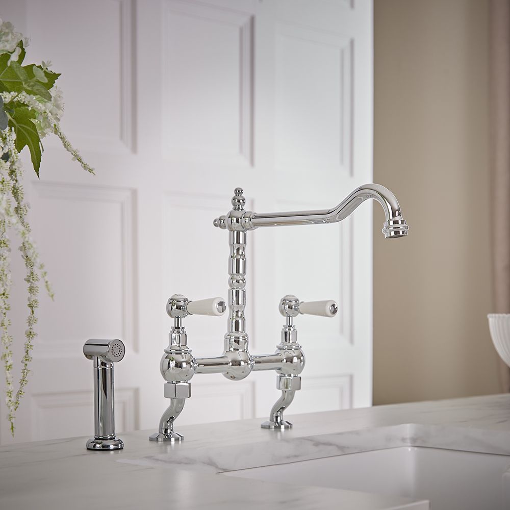 Milano Elizabeth - Classic Cranked Bridge Kitchen Mixer Tap with Pull-Out Spray - Chrome and White