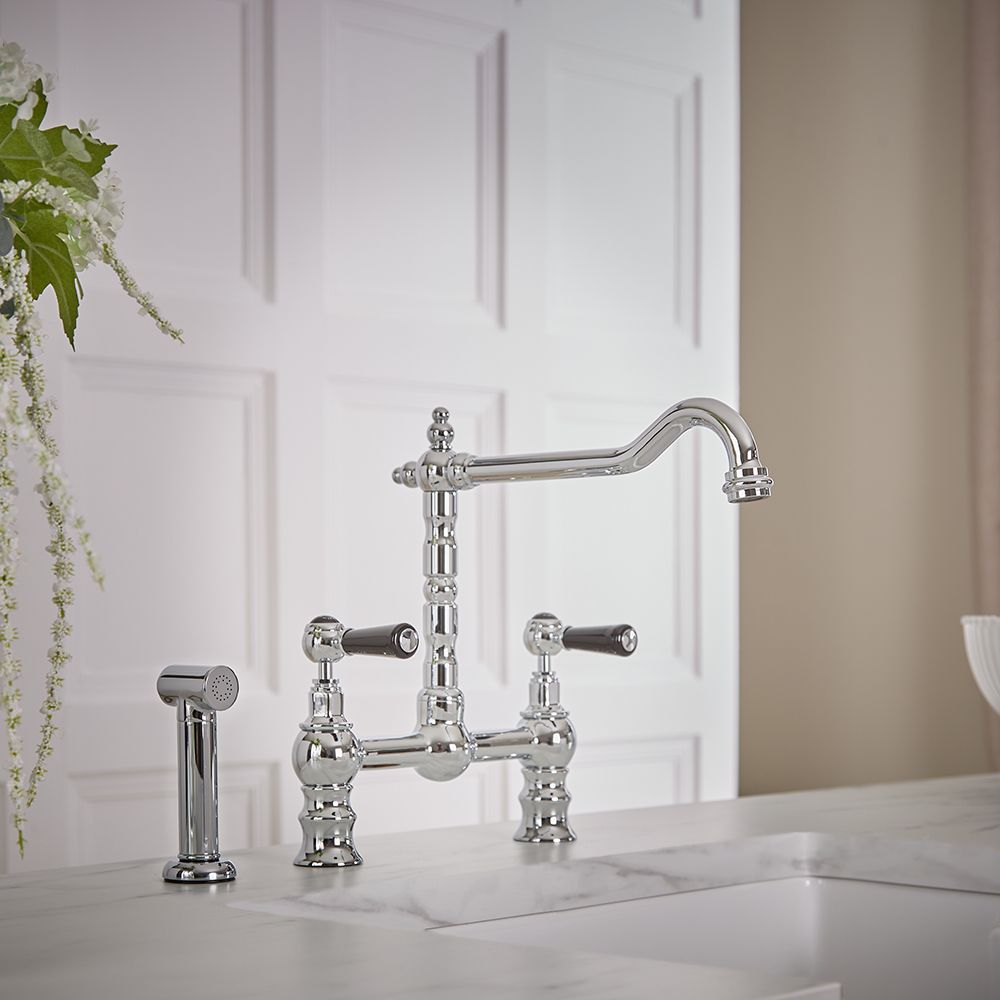 Milano Elizabeth - Classic Bridge Kitchen Mixer Tap with Pull-Out Spray - Chrome and Black