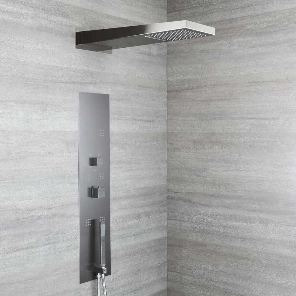 Milano Ryukyu - Modern Concealed Thermostatic Shower Tower Panel with Waterfall Shower Head, Hand Shower and Body Jets - Grey