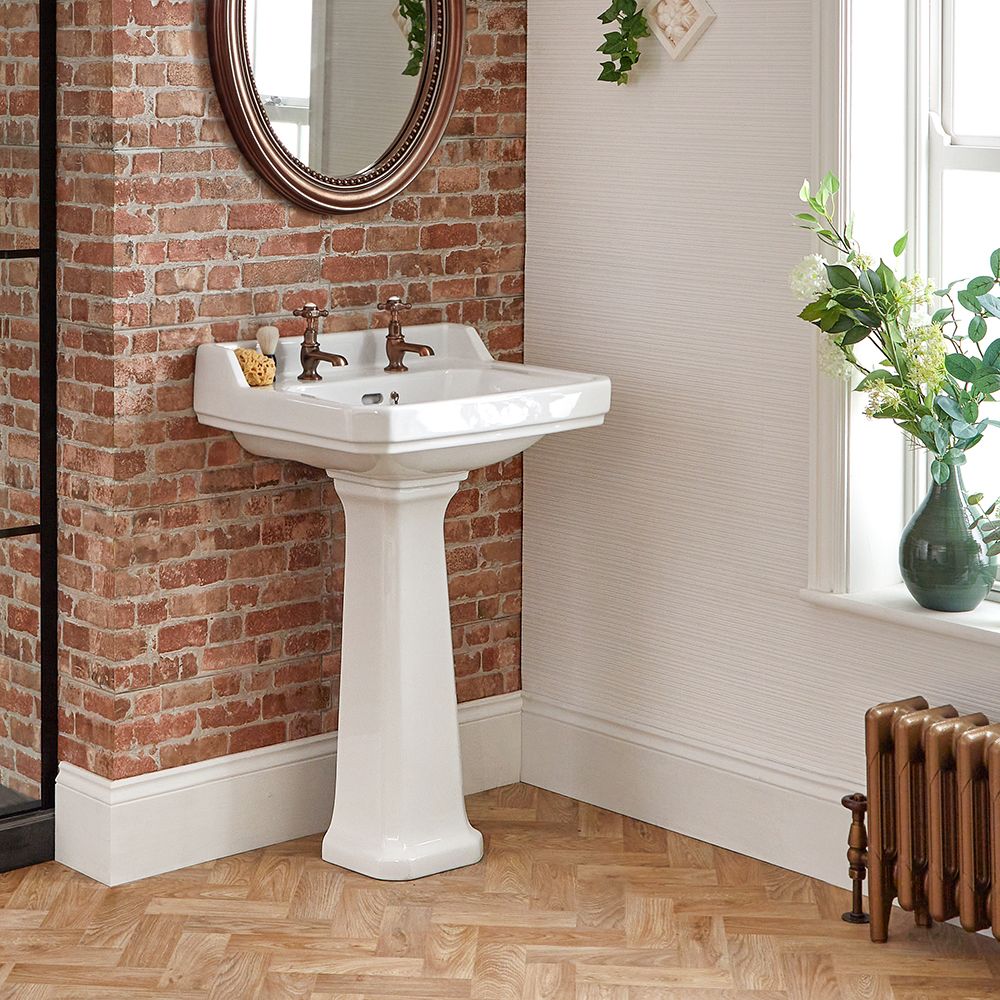 Milano Richmond - White Traditional Square Cloakroom Basin with Full Pedestal - 500mm x 350mm (2 Tap-Holes)