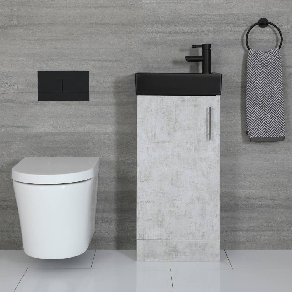 Milano Lurus - Concrete Grey 400mm Compact Freestanding Cloakroom Vanity Unit with Black Basin