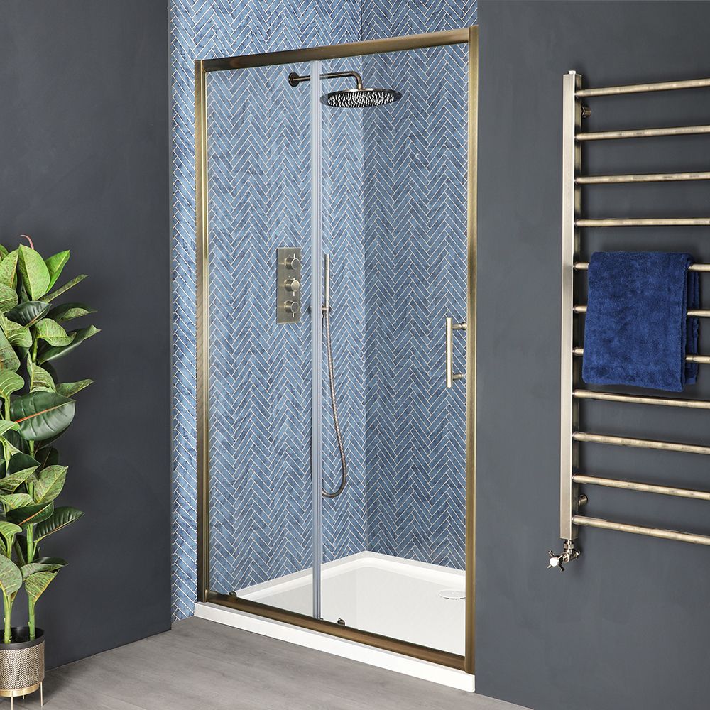 Milano Monet - Antique Brass Sliding Shower Door with Tray - Choice of Sizes