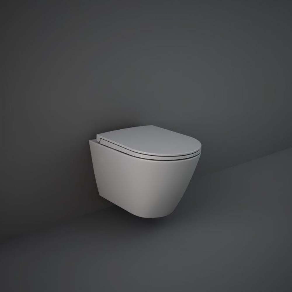 RAK Feeling - Modern Rimless Wall Hung Toilet with Soft Close Seat and Tall Wall Frame - Choice of Finish and Flush Plate