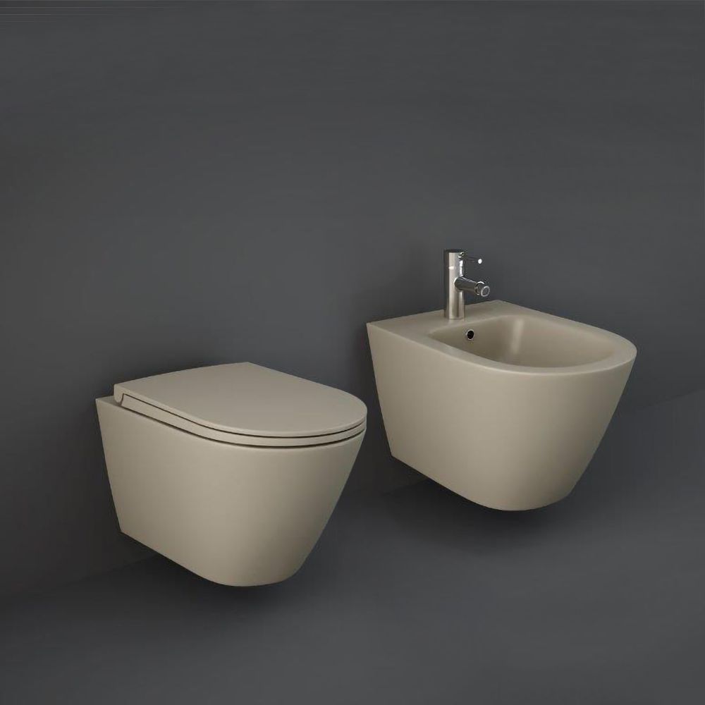 RAK Feeling - Matt Cappuccino Modern Rimless Wall Hung Toilet with Soft Close Seat and Bidet Set