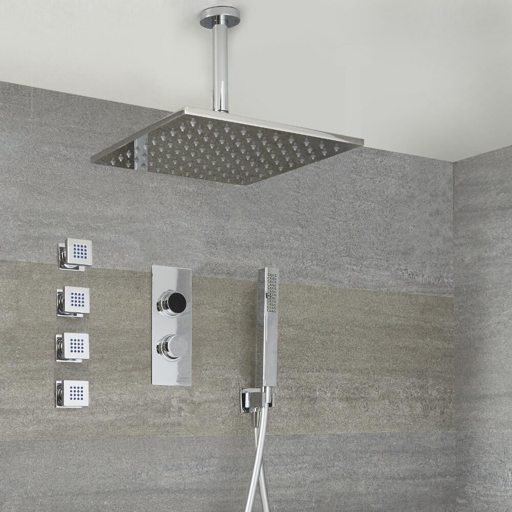 Milano Vis - Chrome Thermostatic Digital Shower with Square Shower Head, Hand Shower and Body Jets (3 Outlet)