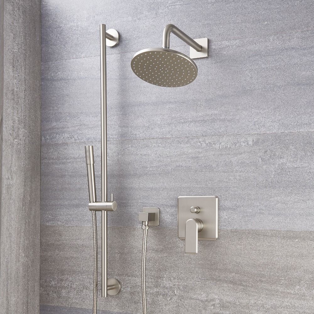 Milano Ashurst - Brushed Nickel Shower with Diverter, Shower Head, Hand Shower and Riser Rail (2 Outlet)