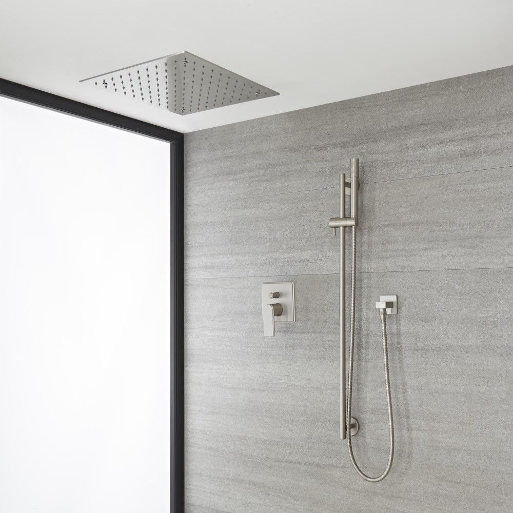 Milano Ashurst - Brushed Nickel Shower with Recessed Shower Head, Hand Shower and Riser Rail (2 Outlet)