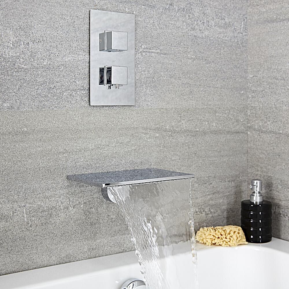 Milano Blade - Wall Mounted Waterfall Bath Filler and Square Concealed Thermostatic Valve - Chrome