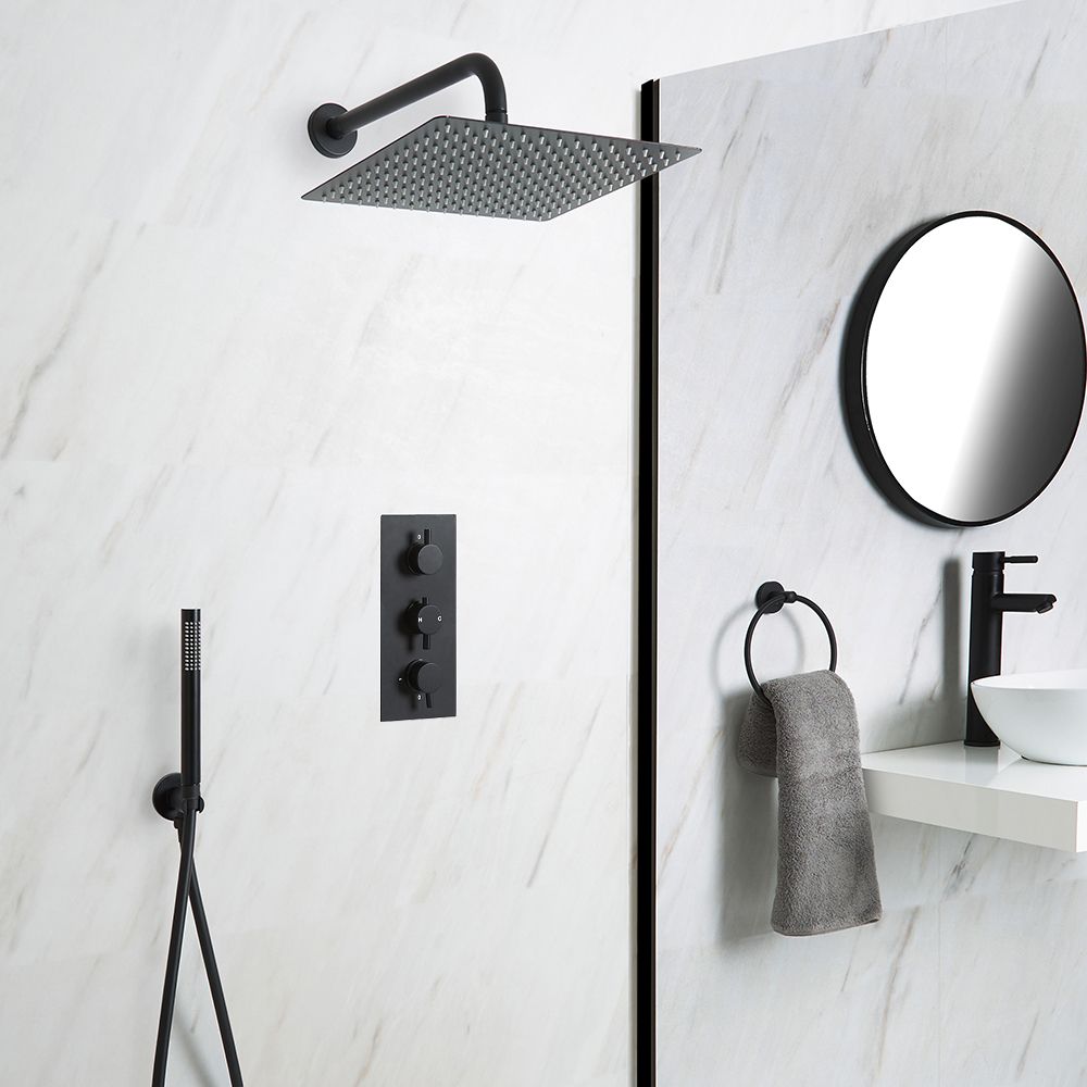 Milano Nero - Black Thermostatic Shower with Square Shower Head and Hand Shower (2 Outlet)