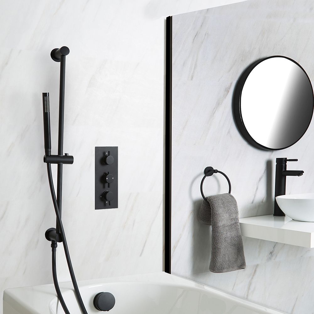 Milano Nero - Black Thermostatic Shower with Overflow Bath Filler and Riser Rail with Hand Shower (2 Outlet)