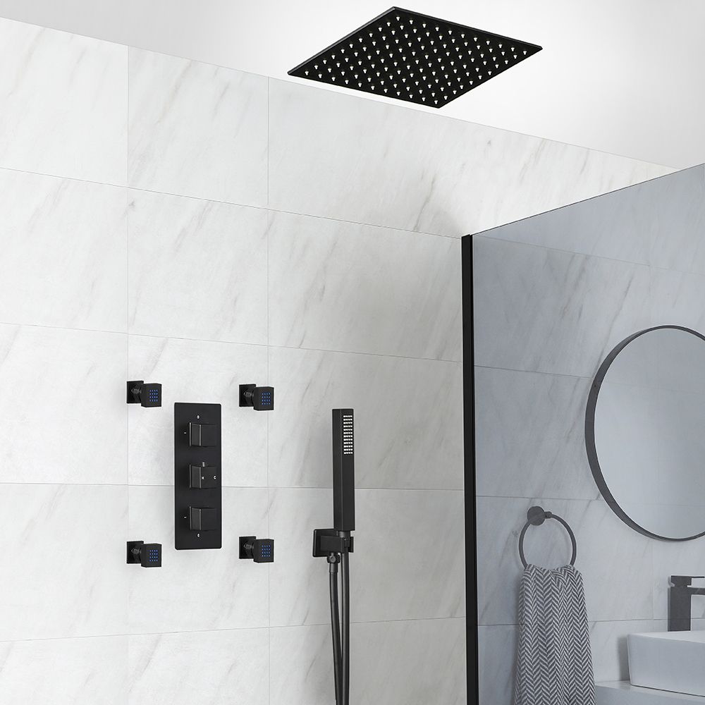Milano Preto - Black Thermostatic Shower with Diverter, Recessed Shower Head, Hand Shower and Body Jets (3 Outlet)