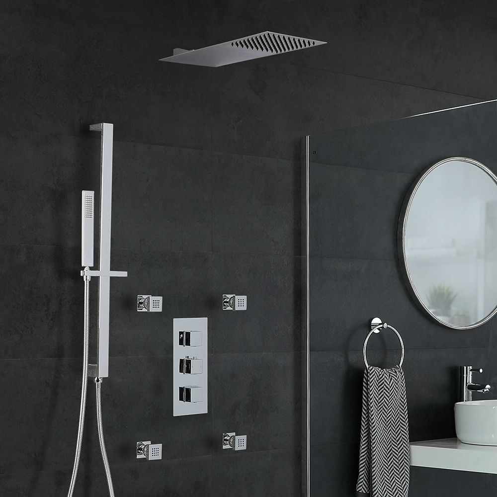 Milano Arvo - Chrome Thermostatic Shower with Diverter, Slim Shower Head, Hand Shower, Body Jets and Riser Rail (3 Outlet)