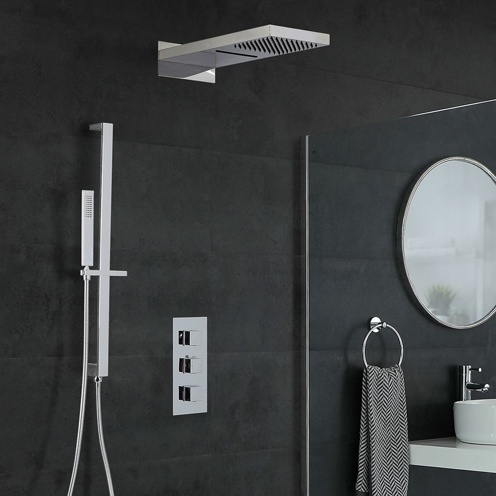 Milano Arvo - Chrome Thermostatic Shower with Diverter, Waterblade Shower Head, Hand Shower and Riser Rail (3 Outlet)