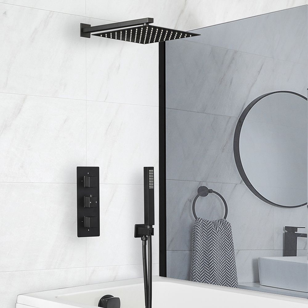 Milano Preto - Black Thermostatic Shower with Diverter, Shower Head, Hand Shower and Overflow Bath Filler (3 Outlet)