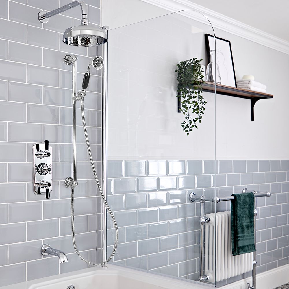 Milano Elizabeth - Chrome and Black Traditional Thermostatic Shower with Diverter, Shower Head, Bath Spout and Riser Rail (3 Outlet)
