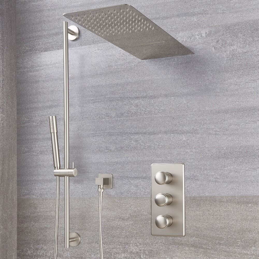 Milano Ashurst - Brushed Nickel Thermostatic Shower with Diverter, Waterblade Shower Head, Hand Shower and Riser Rail (3 Outlet)